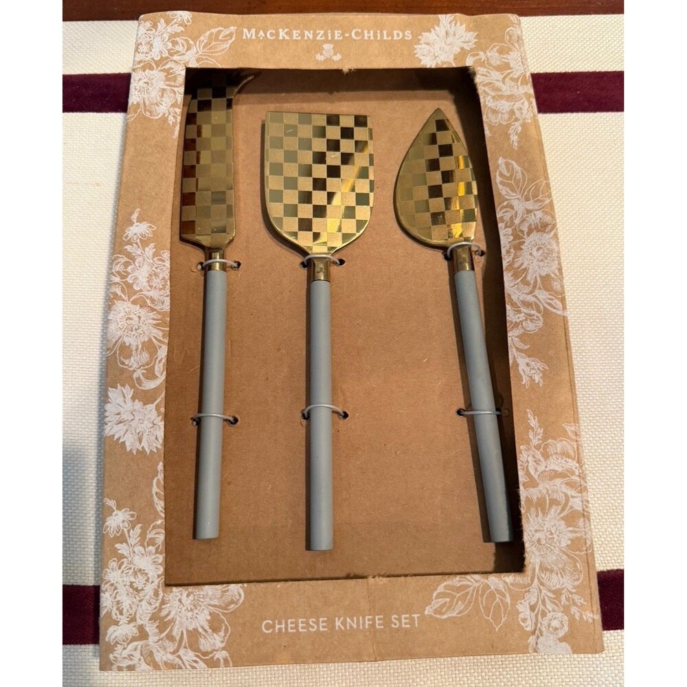 Mackenzie-Childs Cheese Knife Set Light Blue Handles with Check Pattern